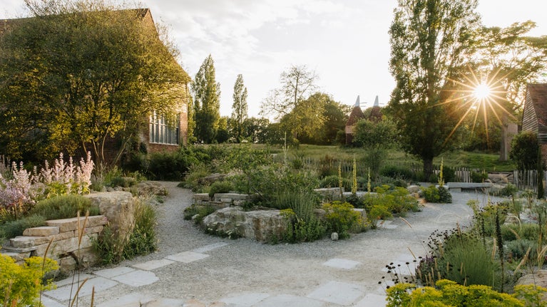 Evening light over the Delos garden
